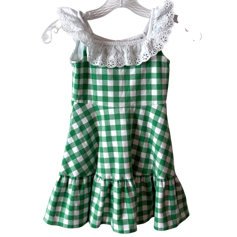 Janie and Jack Green and White Check Dress with Lace Collar in Size 6